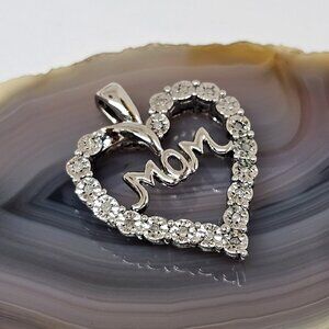 SUN 925 Sterling Silver - Diamond Heart Mom Pendant Mother Heart Pendant